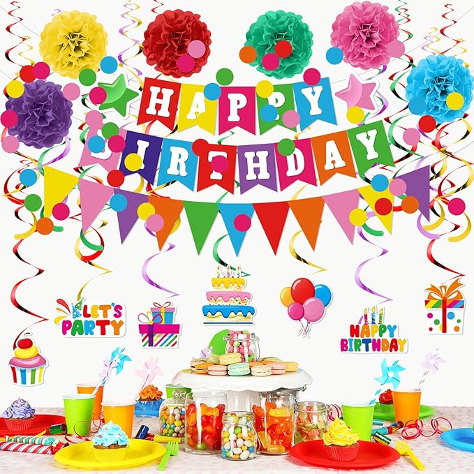 Clabby Rainbow Birthday Decorations Kit Including Colorful Happy Birthday Banner Hanging Swirls Streamers Cutouts Honeycomb Flower Balls Triangle Bunting Flag Circle Dots Confetti Garland Supplies
