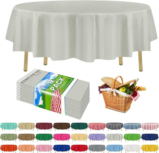 ZIMPLEWARE Premium Light Grey Plastic Table Cloth Disposable (12 Pack) Round Tablecloth (84in) Party Table Cloths Disposable, Perfect Table Cloth Round Cover for Any Table Up to 6 Feet