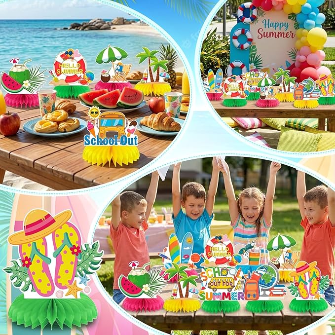 9 Pcs School Out for Summer Honeycomb Centerpieces Hello Summer Table Decorations Beach Palm Tree Surfboard School Bus Hawaiian Luau Party Supplies for Schools Classroom Summers Vacation Decor