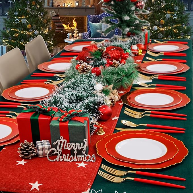 WDF 30Guest Red Plastic Plates - Gold Plastic Silverware With Red Handle - Red Plates Disposable- Baroque Plastic Dinnerware for Wedding Baby Shower Spring Birthday
