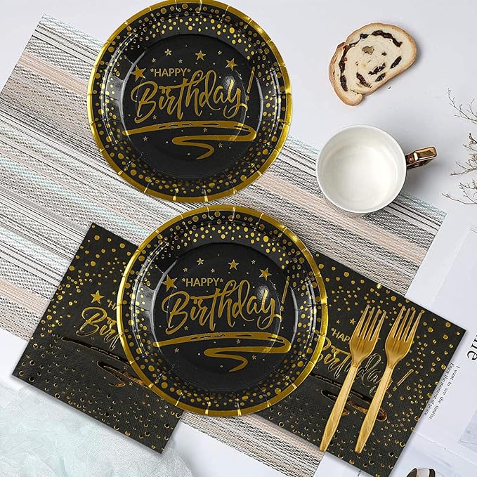 72PCS Happy Birthday Plates and Napkins Party Supplies, Black Gold Dot Paper Plates and Napkins with Forks Disposable Tableware Set for Birthday Party Decorations, Serves 24
