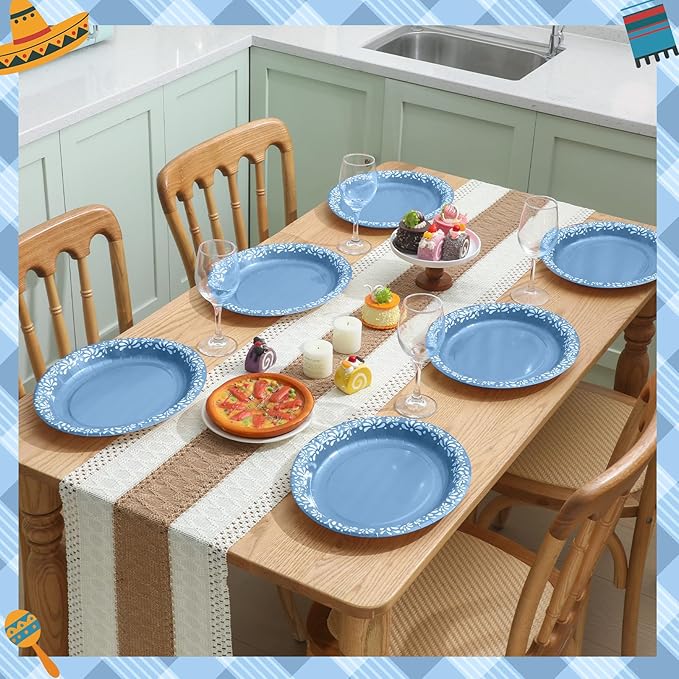 Yungyan 50 Pcs 12 Inch Blue Platos De Barro Cielito Lindo Plates Mexican Paper Plates Cielito Lindo Party Favors for Talavera Birthday Wedding Party Decoration