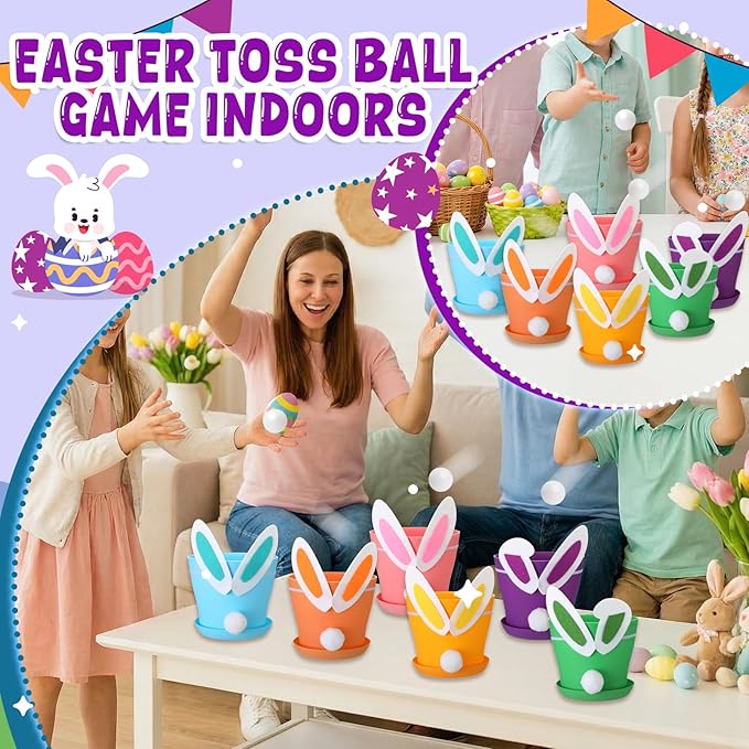 Easter Toss Ball Game with 6 Plastic Flower Pots 12 Bunny Ear Hat Decor 12 Balls Toss Play Set for Easter Party Games Spring Festival Game Family Indoor Outdoor Games Carnival Prizes