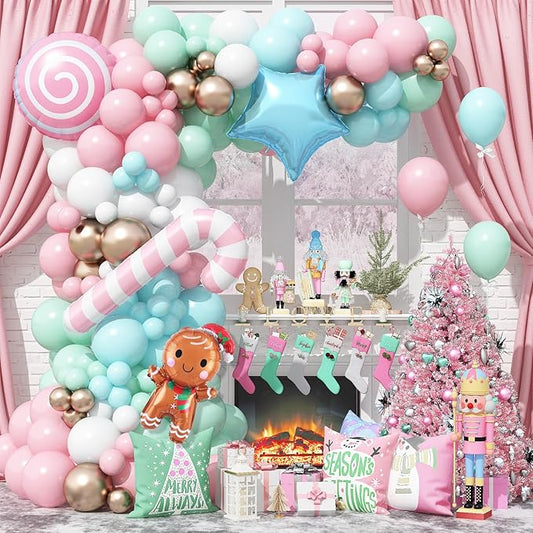 Christmas Balloon Garland Arch Kit, Nutcracker Balloon Pastel Pink Green Balloons Candy Cane Reindeer Peppermint Foil Balloons for Candyland Christmas Party Decorations Xmas Birthday Holiday Party