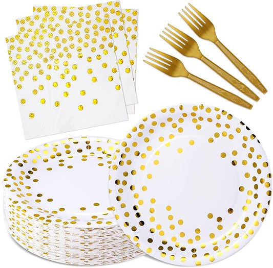 White and Gold Paper Plates and Napkins Party Supplies,Serves 25 Guests White Gold Plates and Napkins,Disposable Paper Tableware Set for Birthday Wedding Bridal Shower Baby Shower Decorations