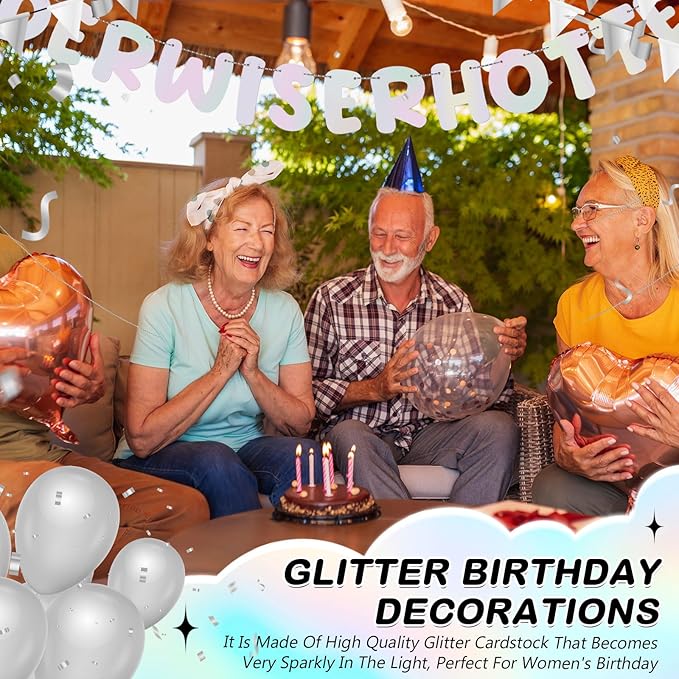 Fulmoon Set of 3 Pre Strung Older Wiser Hotter Glitter Banner Funny Birthday Banner for Women 30th 40th 50th 60th 70th 80th Birthday Party Decorations Sign Gift(Iridescent)
