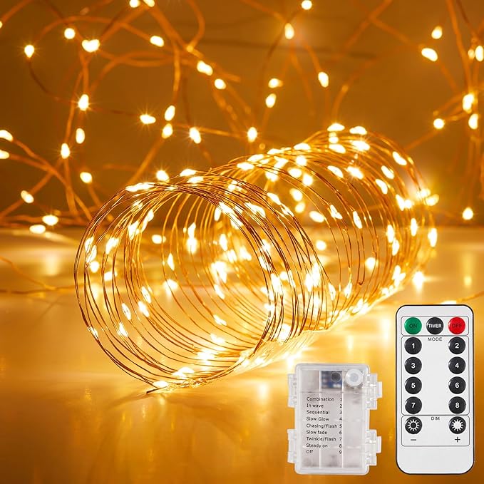 Ariceleo 1 Pack 65.6 Ft. Battery Operated Outdoor String Lights with Remote & Timer, LED Warm White Fairy Lights, Waterproof Twinkle Lights for Bedroom, Dorm, Mason Jar, Wedding, Party, Christmas