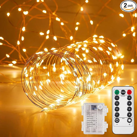Ariceleo 2 Pack 65.6 Ft. Battery Operated Outdoor String Lights with Remote & Timer, LED Warm White Fairy Lights, Waterproof Twinkle Lights for Bedroom, Dorm, Mason Jar, Wedding, Party, Christmas