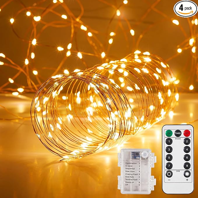 Ariceleo 4 Pack 65.6 Ft. Battery Operated Outdoor String Lights with Remote & Timer, LED Warm White Fairy Lights, Waterproof Twinkle Lights for Bedroom, Dorm, Mason Jar, Wedding, Party, Christmas