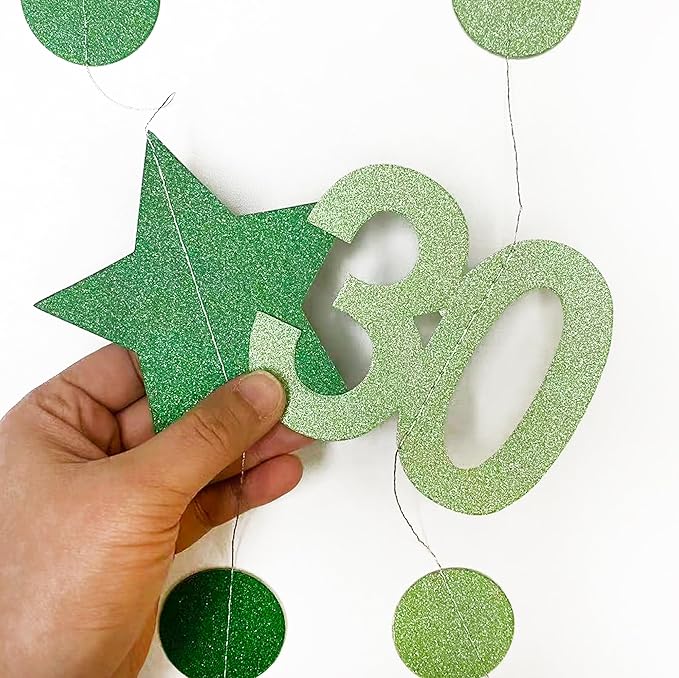 Green 30th Birthday Decorations Number 30 Circle Dot Star Garland Glitter Streamer Banner Backdrop for Women Men Dirty Thirty Cheers to 30 Years Old Birthday 30th Anniversary Party Supplies