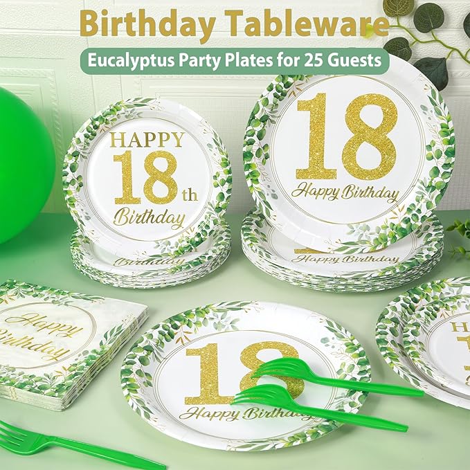 Qyeahkj 100 Pcs 18th Birthday Decorations Party Tableware Set Greenery Eucalyptus Paper Plates Sage Green Plates Forks and Napkins 18th Birthday Party Decors for 18 Years Girls Women Serve