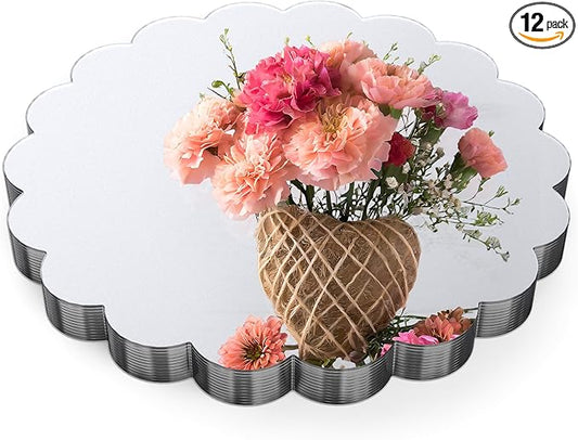 12 Pcs 10 Inch Scalloped Acrylic Mirrors for Tables Centerpiece Mirrors Candle Plates for Wall Wedding Decorations Cake Boards Table Decorations 1mm Thick