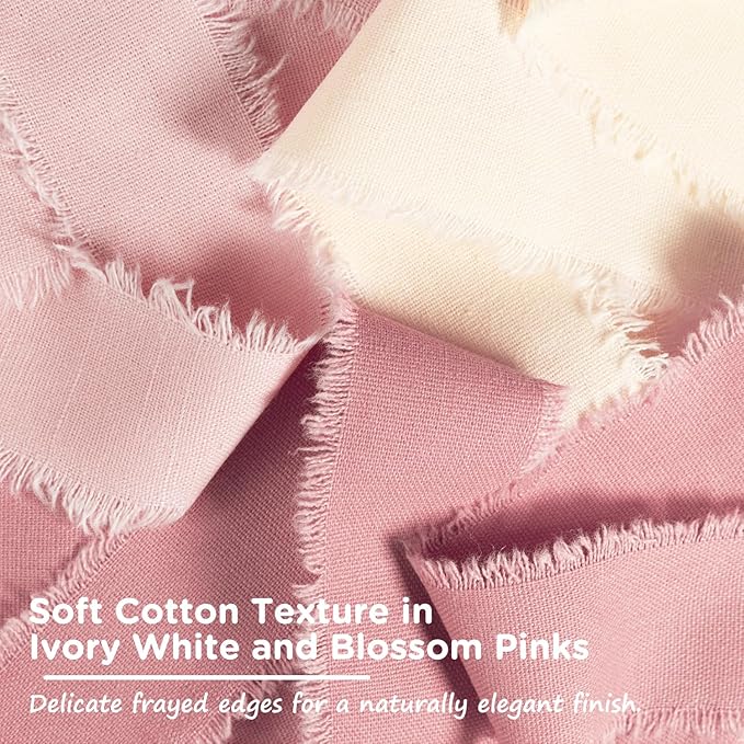 Pink & Ivory Cotton Ribbon 1-1/2 Inch Dusty Pink, Soft Pink & Cream 3 Rolls 21 Yards Frayed Edge Fabric Set for Rustic Wedding Decor, Engagement Party, Bridal Bouquet Wrap & Gift Wrapping