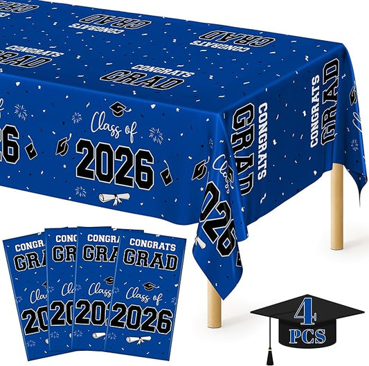 QZYL 4 Pack Graduation Tablecloth, 54" x 108" Blue Graduation Table Decorations 2026, Plastic Table Cloth for Class of 2026 Congrats Grad, Rectangle Disposable Grad Party Decorations Supplies Favors