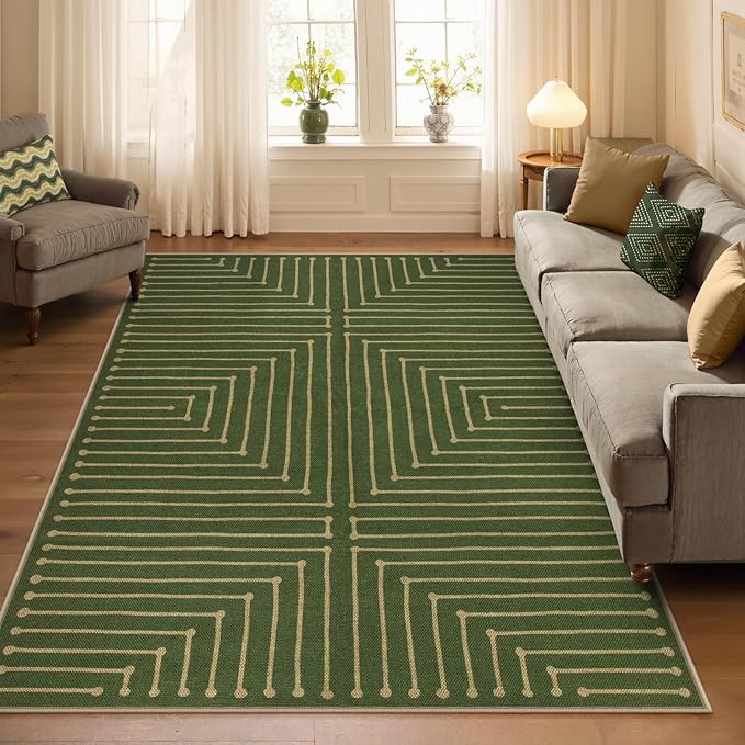Lahome Neutral Geometric Green Easy Jute Rug, 5x7 Outdoor Rug Washable Carpet for Living Room, Farmhouse Rhombus Non Slip Non Shedding Low Pile Dining Room Carpet for Under Table Bedroom Patio