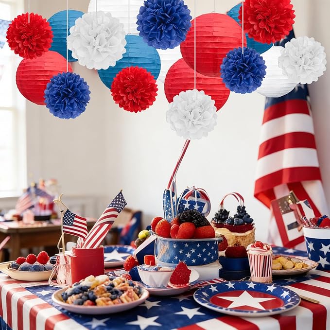 18 PCS Red White Blue Paper Lanterns & Tissue Paper Pom Poms for July 4th Independence Day, Memorial Day, Baseball Party, Patriotic Veteran Celebration Theme Party Decoration Set Supplies