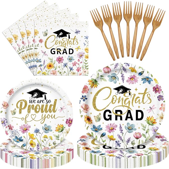 100 Pcs Floral Graduation Party Tableware Set – Disposable “Congrats Grad” Paper Plates and Napkins with Wildflower Design for Graduation Party, School and Home Celebrations – Serves 25
