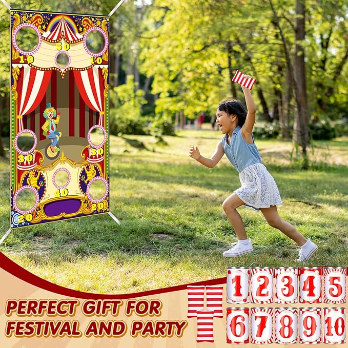 14 Pcs Carnival Bean Bag Toss Games with 10 Carnival Can 3 Bean Bag and 1 Banner for Family Party Birthday Easter Outdoor Activities