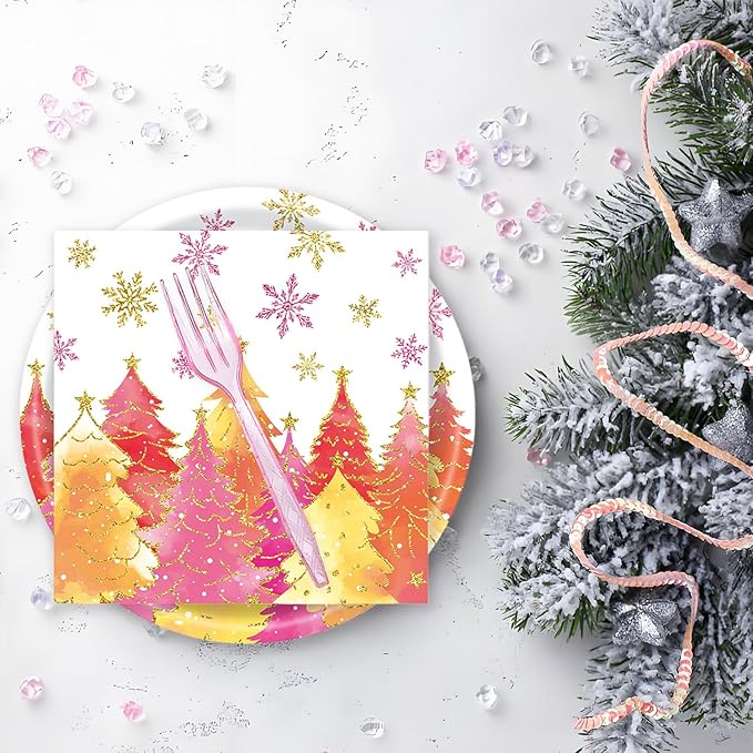 72Pcs Pink Christmas Paper Plates and Napkins Let It Snow Party Plates Gold Pink Xmas Tree Snowflake Party Supplies Tableware Set for Christmas Winter Holiday New Year Decorations