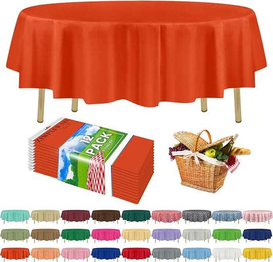 ZIMPLEWARE Premium Orange Plastic Table Cloth Disposable (12 Pack) Round Tablecloth (84in) Party Table Cloths Disposable, Perfect Table Cloth Round Cover for Any Table Up to 6 Feet