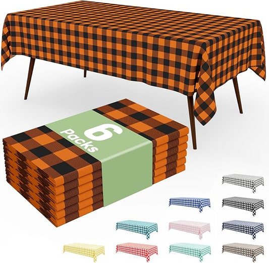 Smiry 6 Pack Gingham Disposable Table Cloth, 54 x 108 Inch Waterproof Plastic Tablecloth, Rectangle Black and Orange Checkered Table Covers for Picnic, Birthday, Party