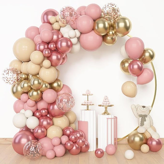 Amandir 153Pcs Boho Blush Balloon Arch Garland Kit, Different Sizes 18 12 10 5inch Nude Cream Peach Dusty Rose Pink Gold Confetti Balloon for Mothers Day Baby Shower Birthday Party Wedding Decorations