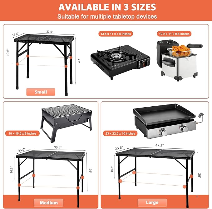 GREGIN Camping Table with Mesh Desktop, Lightweight & Portable Folding Grill Table, Height Adjustable Metal Outdoor Table for Camp, Cooking, BBQ, RV, Picnic-4 FT Black