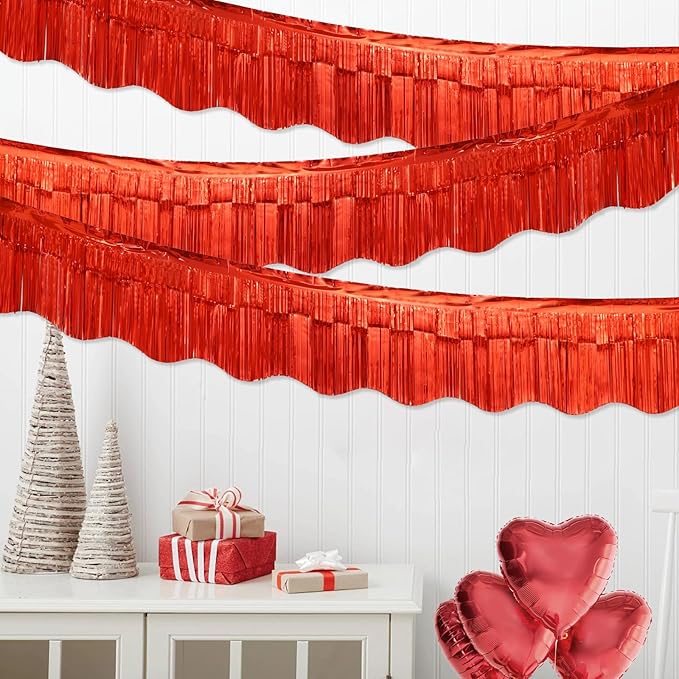LOLStar 6 Pack Red Foil Fringe Garland Birthday Party Decorations, 59Ft Metallic Tinsel Streamers Banner, Glitter Photo Booth Prop Table Skirt for Valentines Day Parade Float Christmas Party Decor