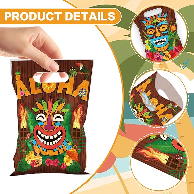 MOIZYNG 50Pcs Hawaiian Gift Bags with Handles, Tropical Floral Aloha Tiki Luau Plastic Candy Treat Goodie Bags for Hawaii Summer Beach Pool Birthday Party Favors Supplies