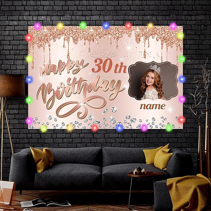 Custom Rose Gold Happy Birthday Backdrop for Girls Women,Personalization Rose Gold Happy Birthday Banner Glitter Diamond Birthday Backdrop Sweet Princess Birthday Photography Background
