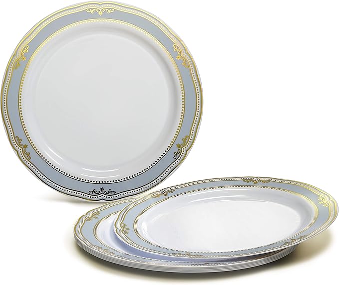 " OCCASIONS " 960pcs set (120 Guests)-Wedding Party Disposable Plastic Plate Set -120 x 10.25'' + 120 x 7.5'' + Silverware + Cups + Napkins (Scalloped in White/Blue & Gold)