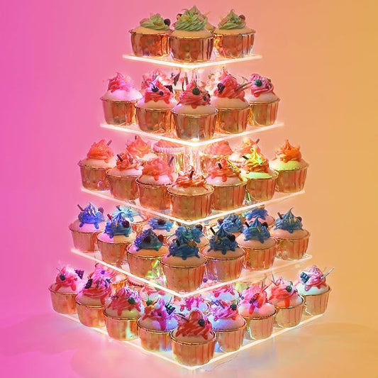 YestBuy Cupcake Stand – 5 Tier Premium Cupcake Holder – Acrylic Cupcake Tower Display – Cady Bar Party Décor – Acrylic Display for Pastry + LED Light String – Ideal for Weddings, Birthday (Colorful)