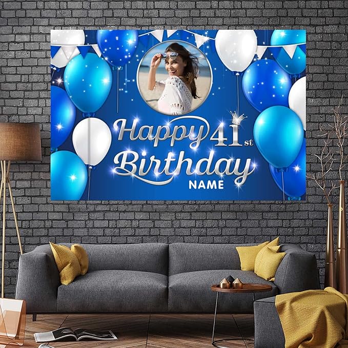 Custom Happy 41st Birthday Decoration Banner - Personalized Navy Blue Birthday Party Banner in Large Sizes-Custom Photos and Names