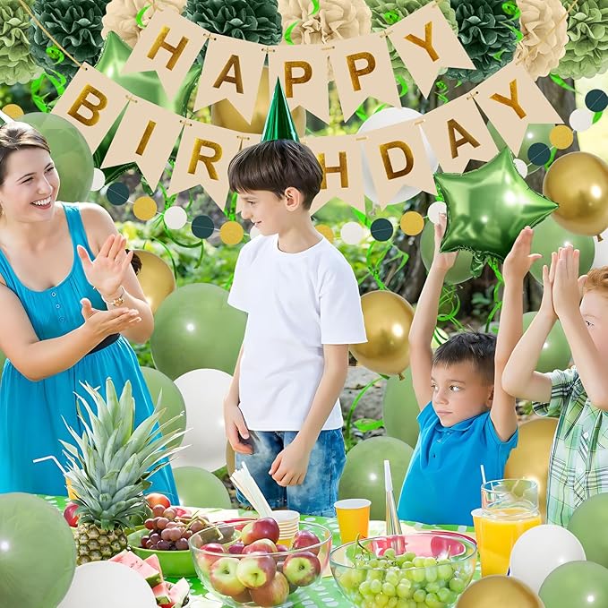 Retro Green Birthday Party Decorations for Women Girls, Happy Birthday Banner with Tissue Paper Pompoms, Paper Tassel, Circle Garland, Hanging Swirl, Party Balloons for Party Decorations