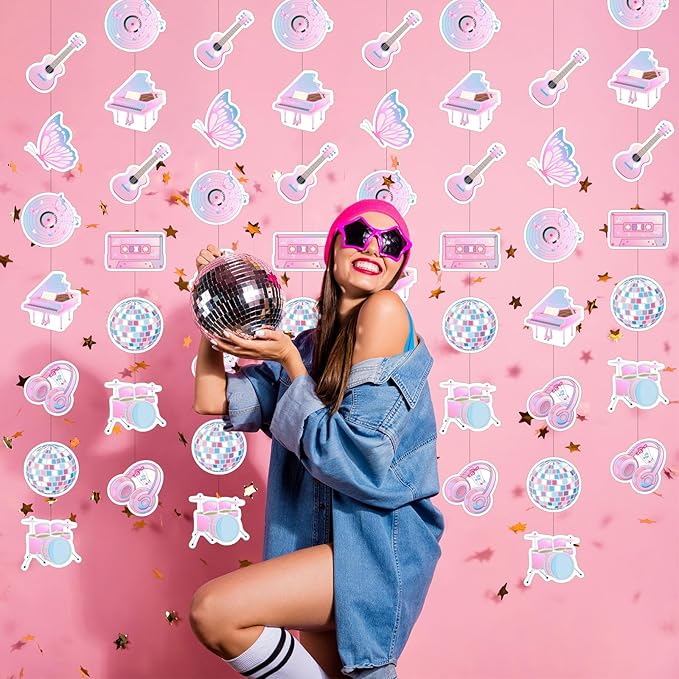 Daifunli 8 Pcs Music Party Decorations Popular Singer Birthday Hanging Garlands Banner Iridescent Holographic Disco Guitar Piano Butterfly Paper Cutouts Streamer for Girls Music Lover Supplies