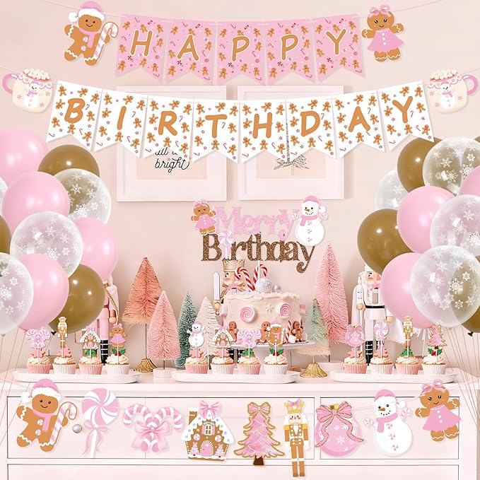 K KUMEED Pink Gingerbread Man Theme Party Decorations,Christmas Happy Birthday Banner Hot Cocoa Mug Candy Cake Topper Latex Balloons for Baby Shower Birthday Party Supplies