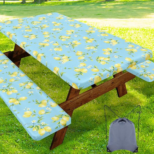 Smiry Picnic Table Cover with Bench Covers, Waterproof Elastic Fitted Tablecloth for 6 Foot Tables, Washable Polyester Tablecloths for Camping, Indoor & Outdoor (Lemon, 30x72 Inch 3-pc Set)