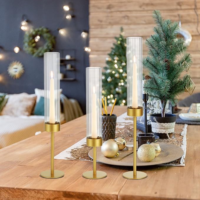 Glass Hurricane Candle Holders Set of 6-Gold Metal Base Taper Candle Stick Holders for CandlesticksHolder Decor, Elegant Dining Table Centerpiece for Wedding, Christmas & Home Decor-Ribbed Glass