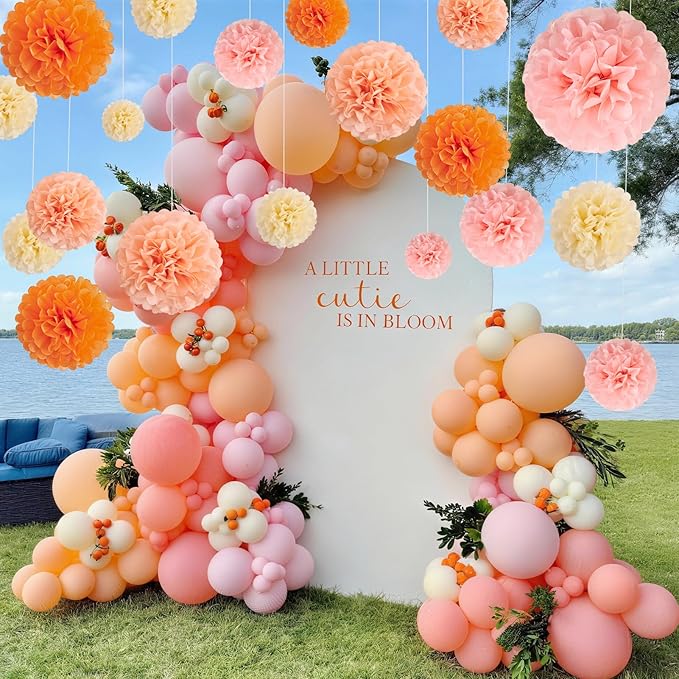 15Pcs Tissue Pom Poms Pink Orange Paper Flowers Hanging Decorations Orange Pink Flower Ball for Baby Shower Wedding Nursery Birthday Party Backdrop Home Outdoor