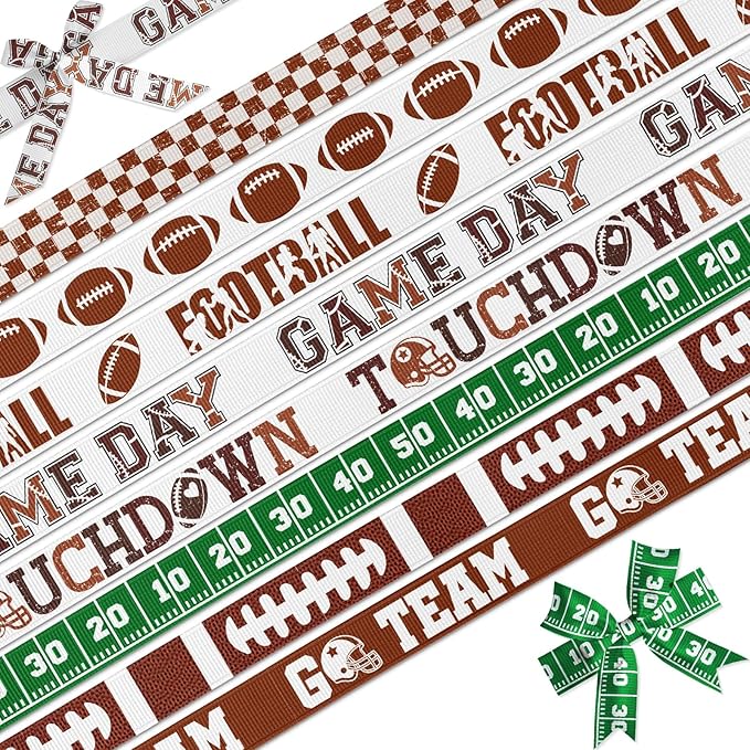 Football Ribbon Set 8 Pack, 3/8" x 3 Yards Each, Grosgrain Sports Ribbons for Crafting, Party Decorations, DIY Projects, Game Day Decor & Gift Wrapping - Cheer Supplies for Fans (Football)