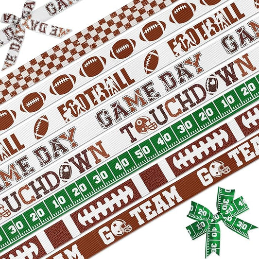 Football Ribbon Set 8 Pack, 3/8" x 3 Yards Each, Grosgrain Sports Ribbons for Crafting, Party Decorations, DIY Projects, Game Day Decor & Gift Wrapping - Cheer Supplies for Fans (Football)