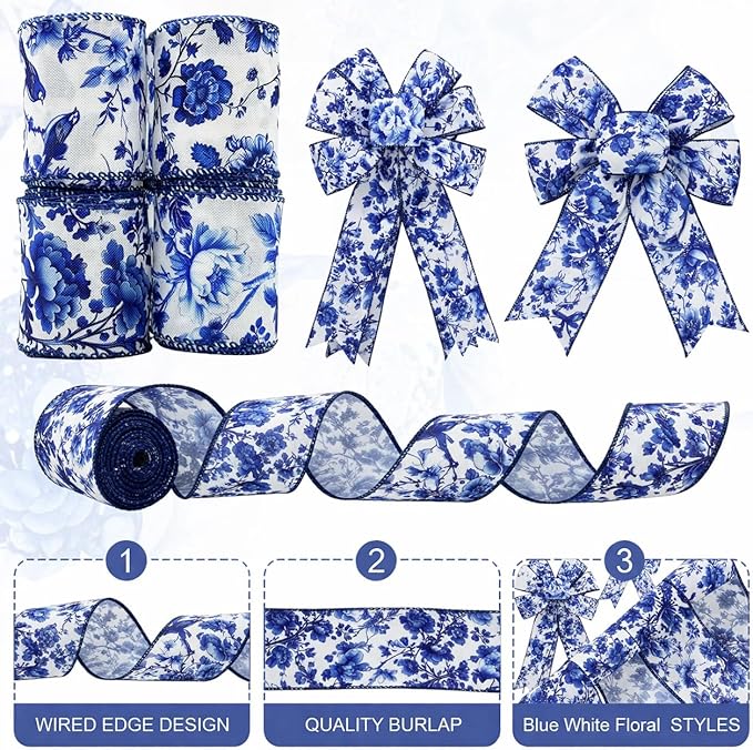 Blue and White Wired Edge Ribbon, 2.5 Inch x 20 Yards Floral Fabric Ribbon for Wreath Bow, DIY Crafts, Gift Wrapping, Wedding, Bridal Shower,4 Rolls (White and Blue)