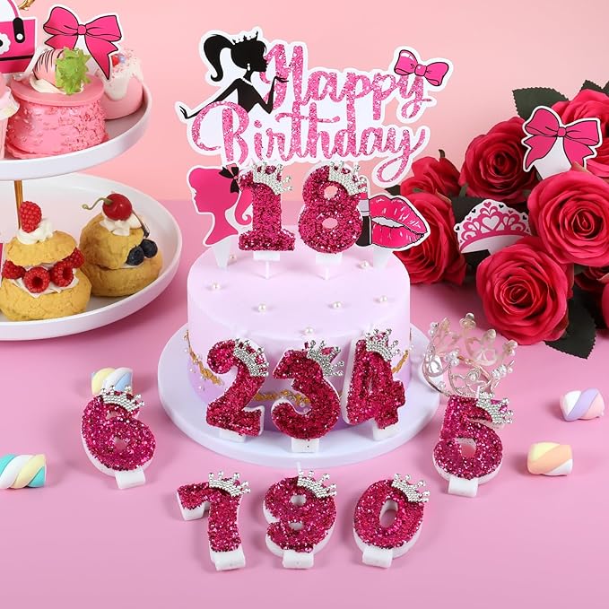 AKURIEEY Hot Pink Birthday Candles Crown Number 2 Candle Birthday Party Decorations Cake Topper Cupcake Decor for Anniversary Celebrations Supplies