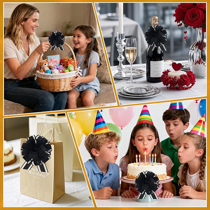 24pcs Black Pull Bow for Gift Basket Wrapping Xmas Gift Bows Presents Adhesive Wrap Ribbon Bow for Christmas Tree Ornament Wine Bottles Bouquet Flower Valentine's Day Party Decor (Black-G)