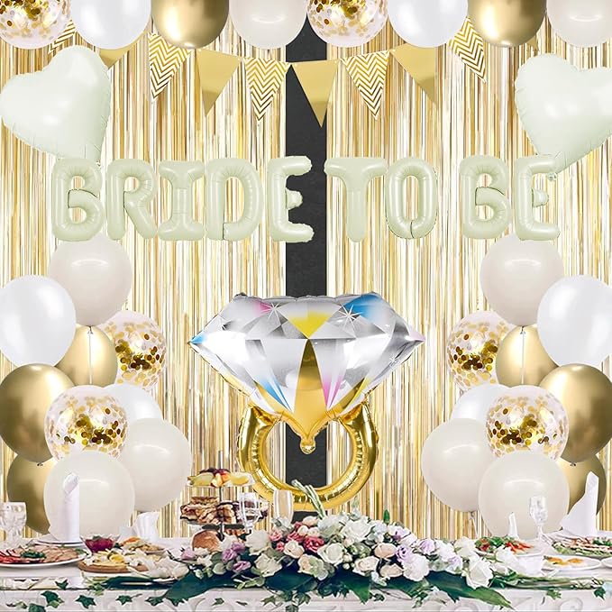 45Pcs Bachelorette Party Decorations Champagne Gold, Bride To Be Balloon Banner with Fringe Curtain Diamond Ring Confetti Balloons, Bridal Shower Engagement Wedding Party Supplies Decor Kit