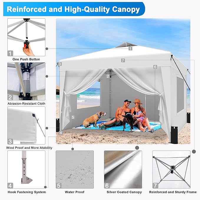SANWAY 10x10 Pop Up Canopy Tent with Sidewalls x 4 – Easy Setup Canopy Tent, Waterproof, UV-Resistant, Portable with Carry Bag for Outdoor Events, Camping, and Backyard Parties – Silver White