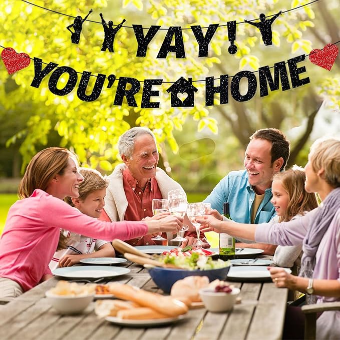 Pre-Strung Yay! You’re Home Banner, NO DIY Glitter Welcome Home Decorations for Military Army Returning Homecoming Party, Black