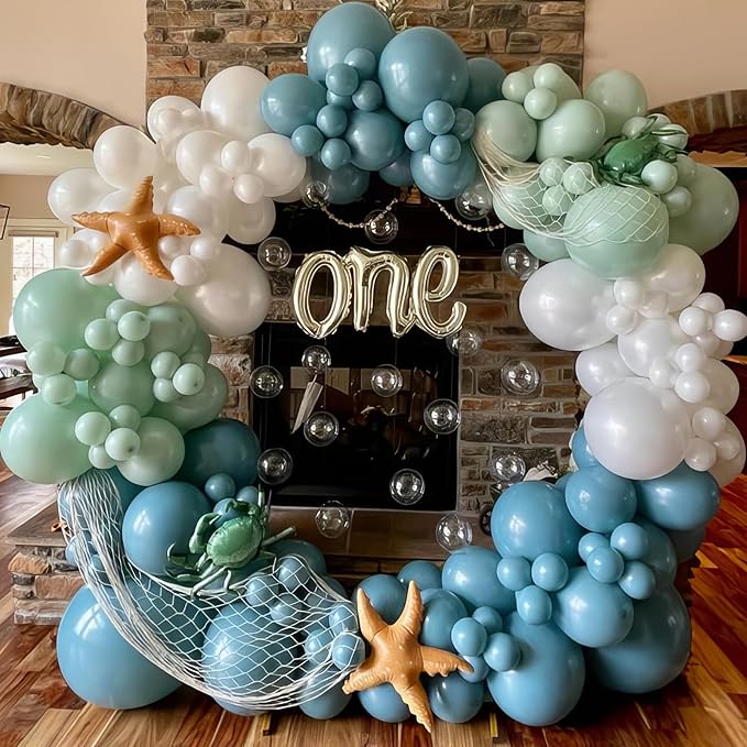Dusty Blue Green Balloon, Sage Green and Retro Blue Balloons, Sand White Metallic Gold Sea Balloons for Women Men Boho Birthday Wedding Baby Shower Jungle Safari Wild Party Decorations