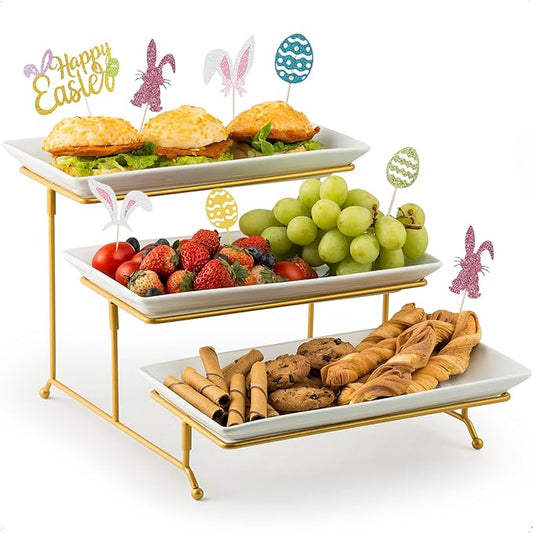 YHOSSEUN 3 Tier Serving Tray with Serving Stand, Serving Dishes for Entertaining, Tiered Serving Tray for Father's Day, Suitable for Dessert Table Display Set Catering Supplies, 12 inch Gold
