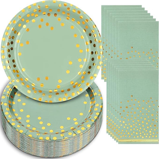 100 Pcs Sage Plates and Napkins Party Supplies,Sage Green Party Plates with Golden Dot for Birthday Baby Shower Bridal Shower Wedding,Serve 50